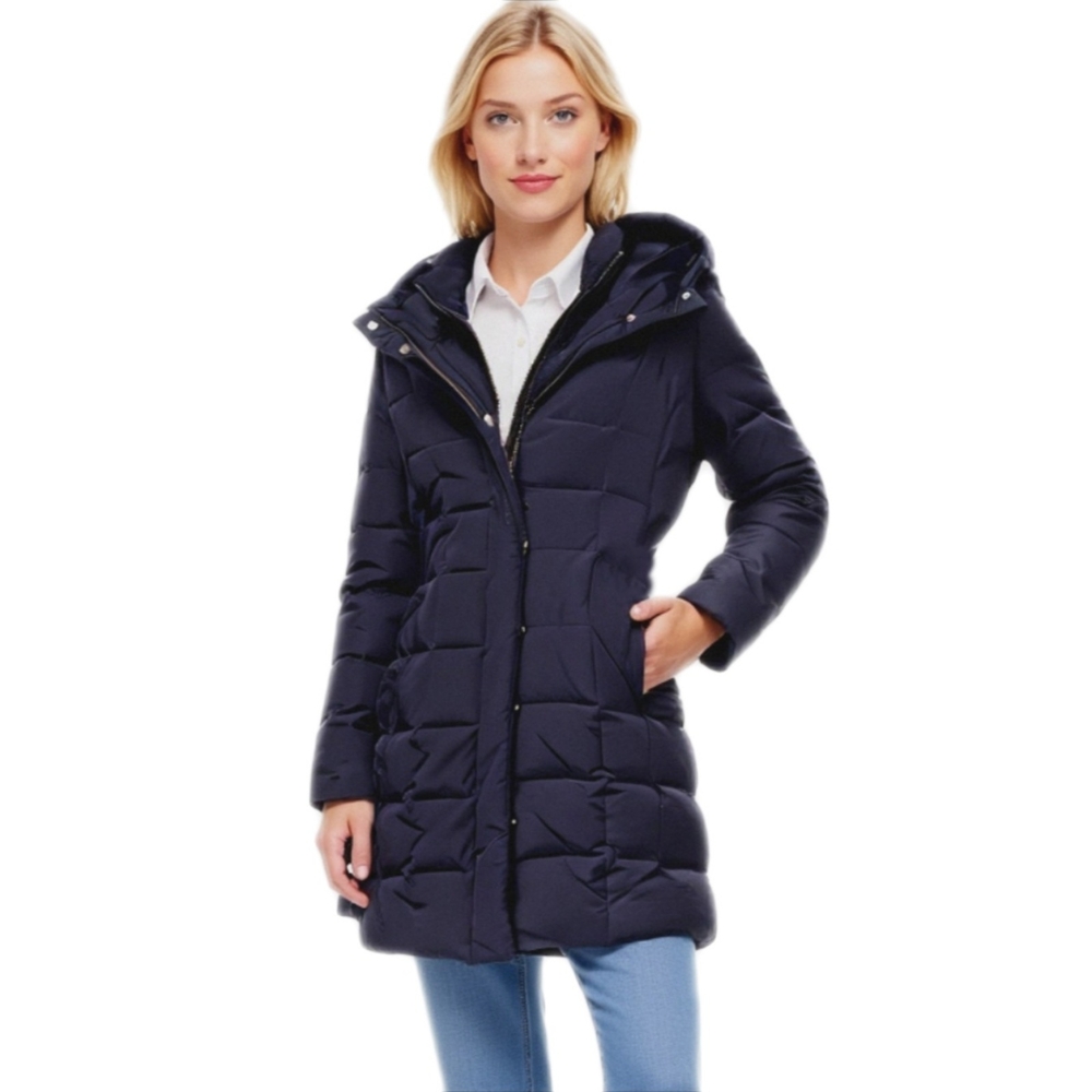 Cole Haan Women's MED Box-Quilt Down Full Zip Long Puffer Coat.